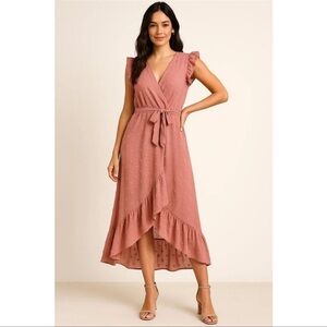 BTFBM Mauve Pink Swiss Dot Faux Wrap Maxi Dress SMALL Wedding Boho Chic Church